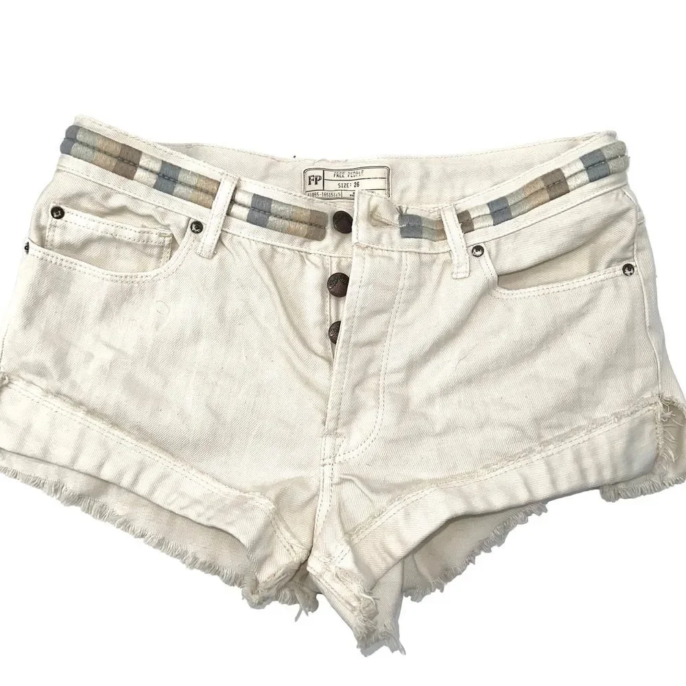 Free People Ivory Eliot Denim Cut Off Cheeky Shorts Size 26‎